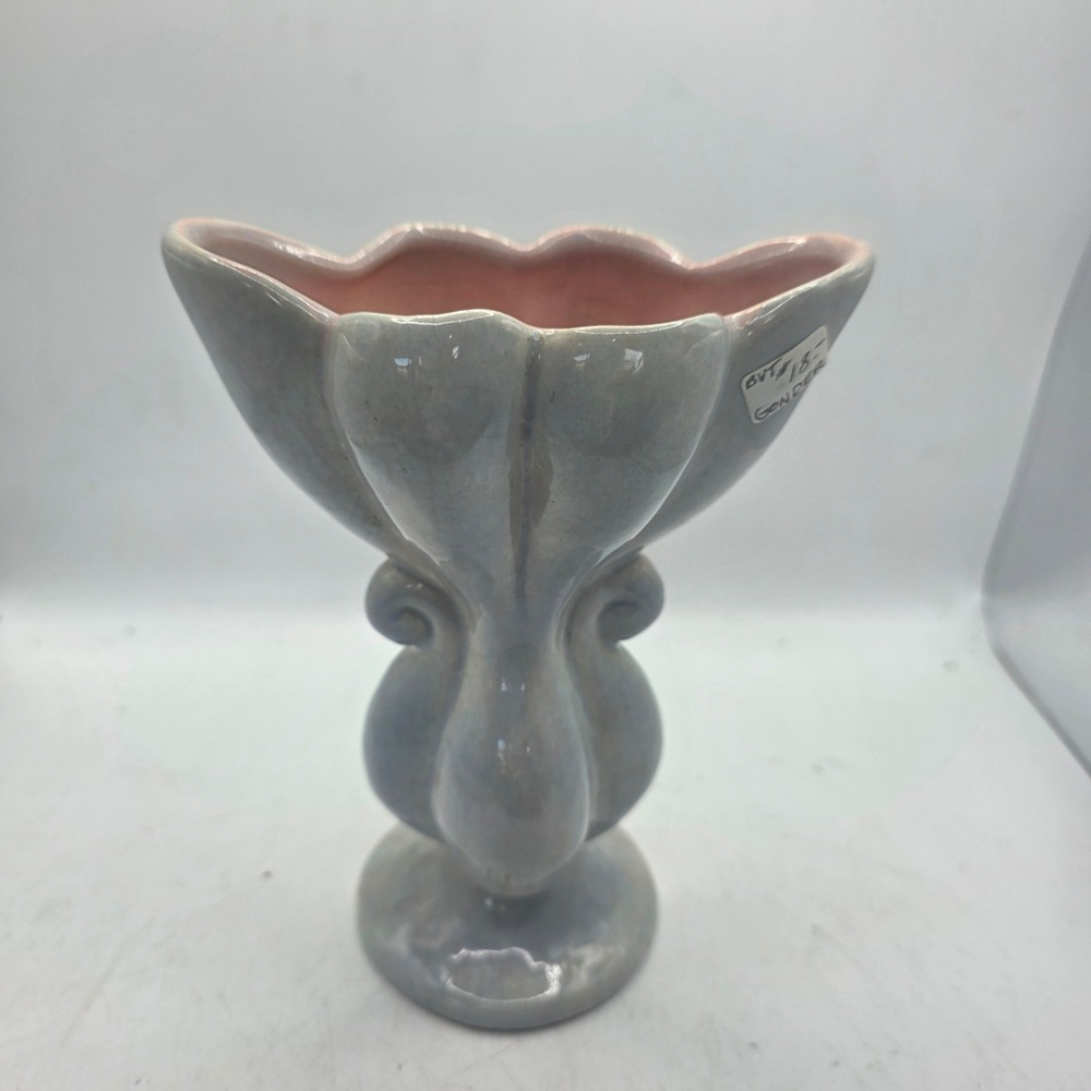 Vintage Gonder USA Art Pottery Vase Gray Pink Tulip Pedestal MCM Zanesville